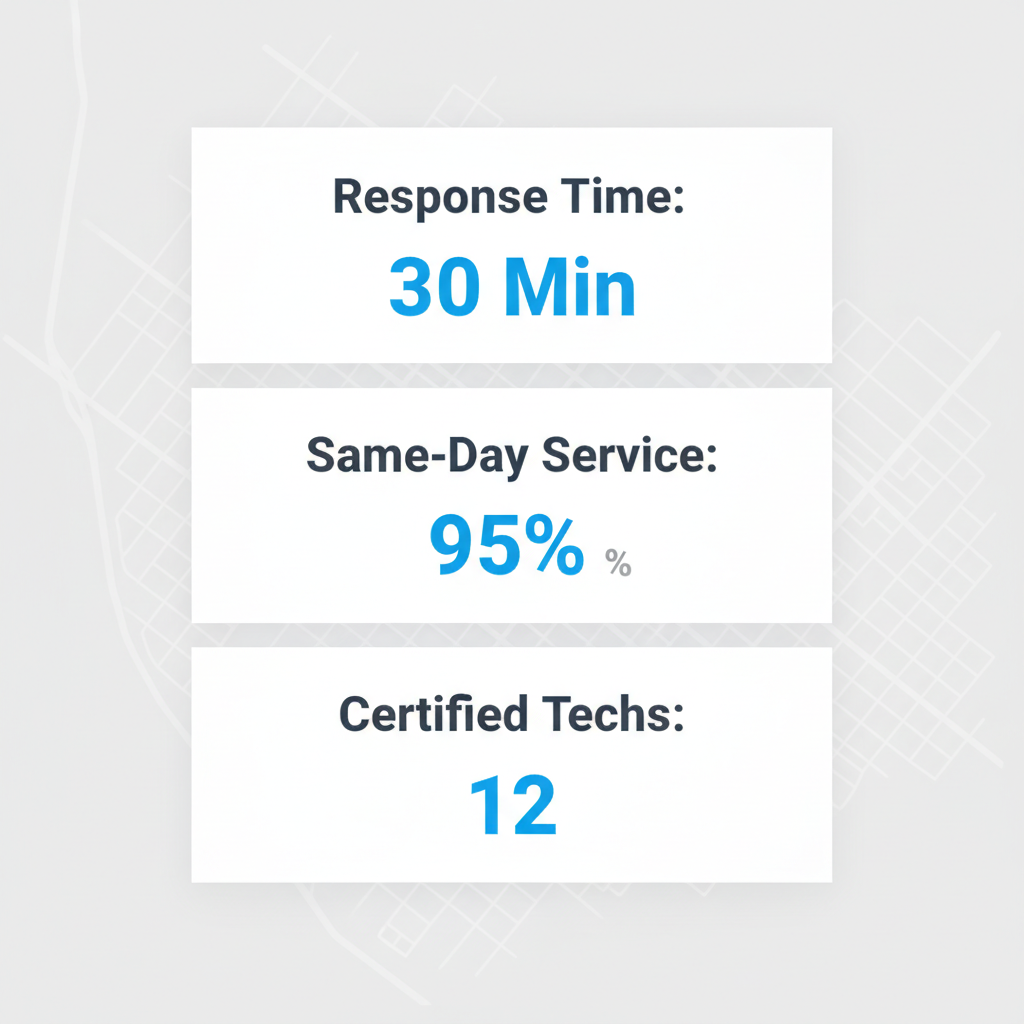 Infographic showing service coverage for Beverly Hills with key metrics like response time and technician count.