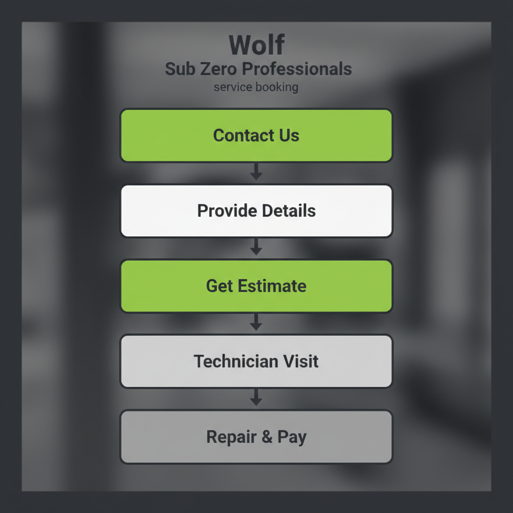 A 5-step vertical process flow illustrating how to book appliance repair service with Wolf and Sub Zero Professionals, including contact, details, estimate, visit, and repair.