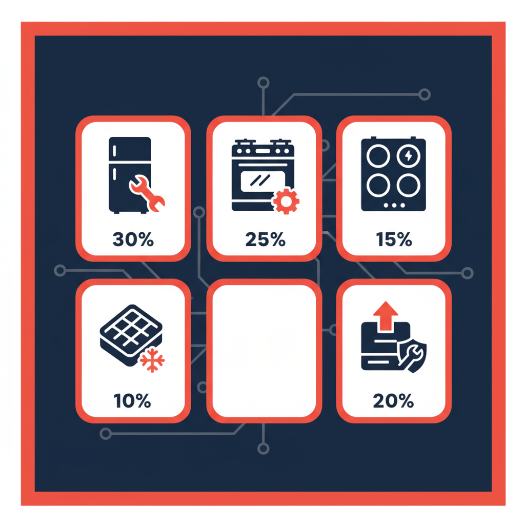 Icon grid showing service breakdown for Wolf and Sub-Zero appliances: 30% refrigerators, 25% ovens/ranges, 15% cooktops, 10% ice makers, 20% installation/maintenance.