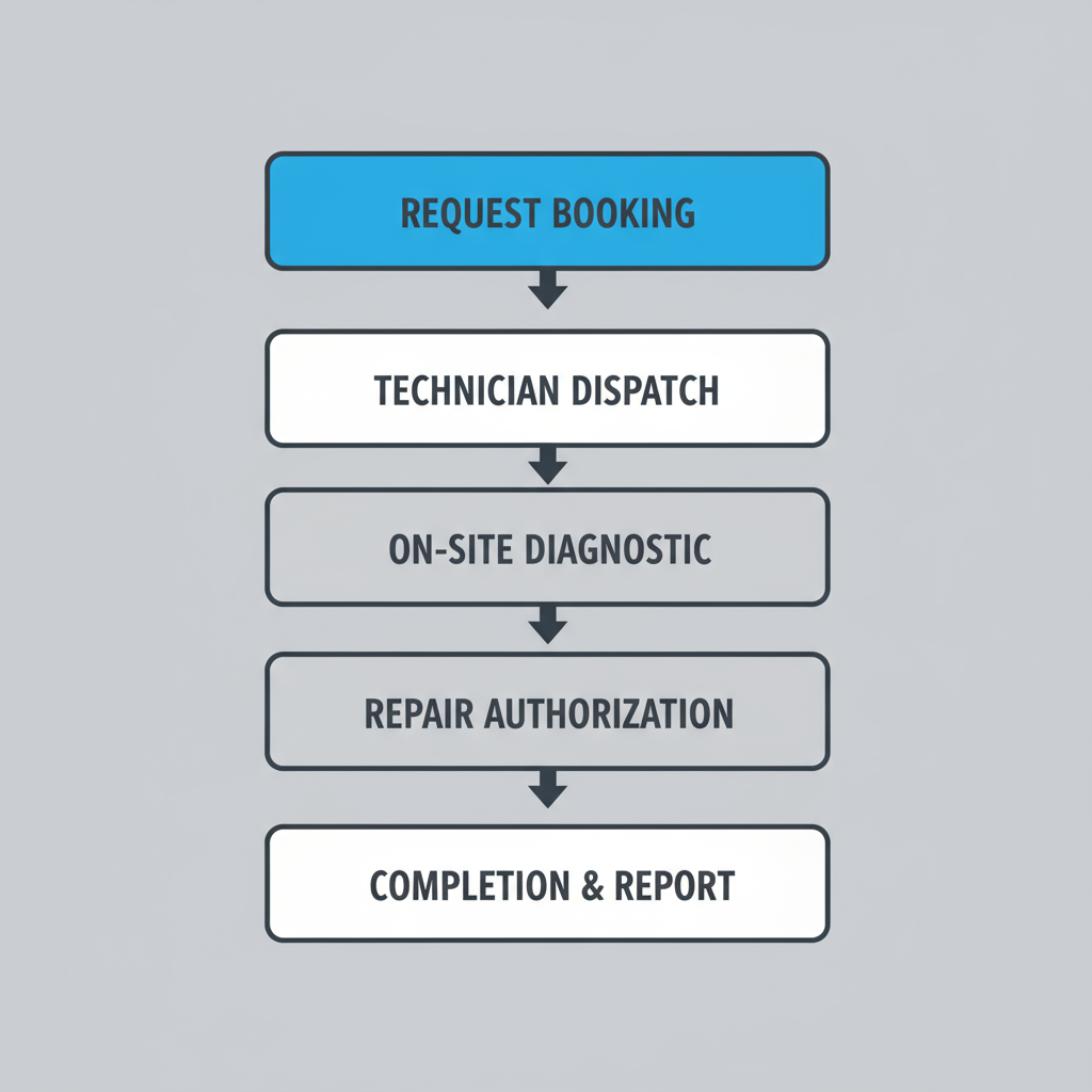 Infographic showing the five-step process for appliance repair service, including booking, dispatch, diagnostic, authorization, and completion.