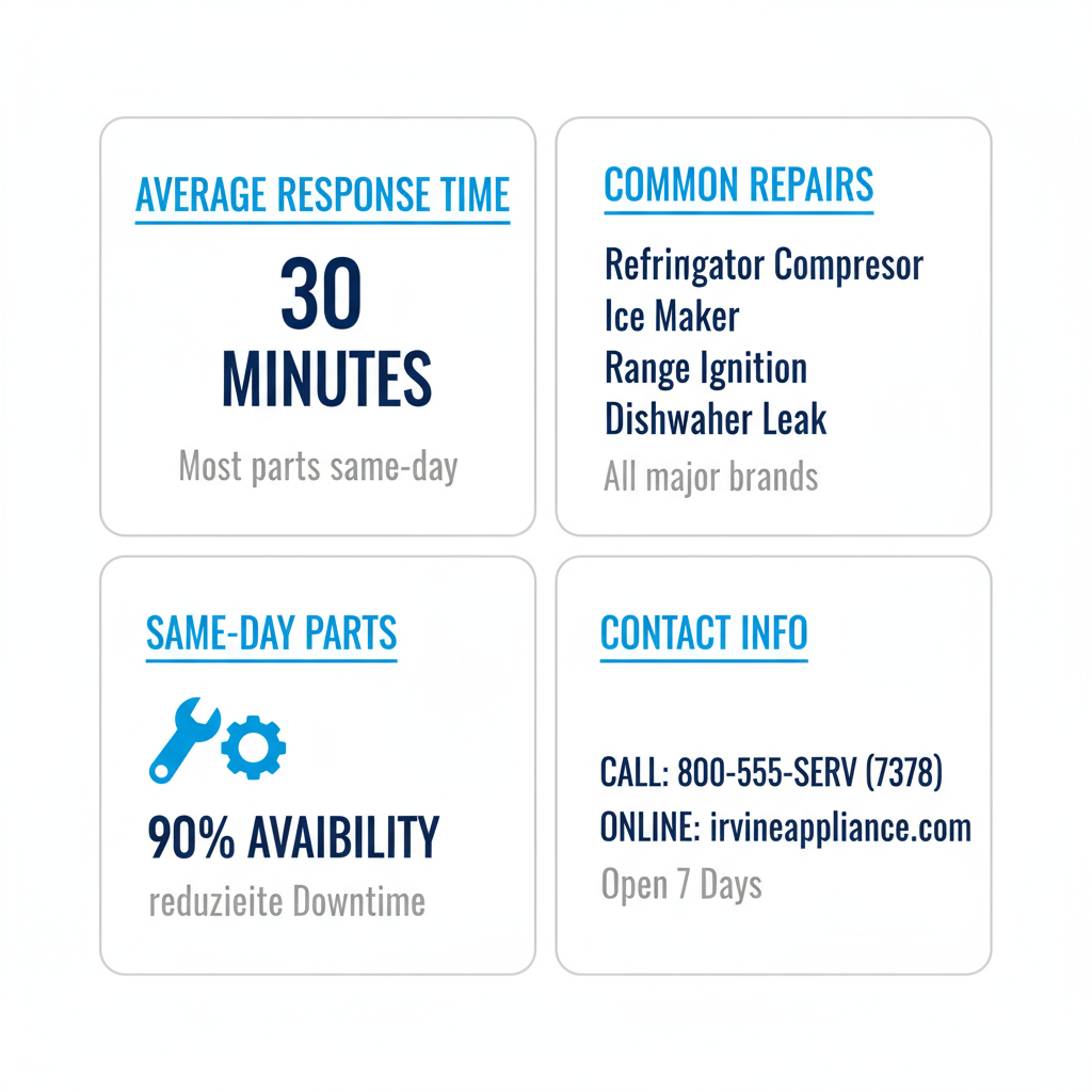 Infographic showing service area cards for Irvine neighborhoods with response times and repair examples for Wolf and Sub-Zero appliances.