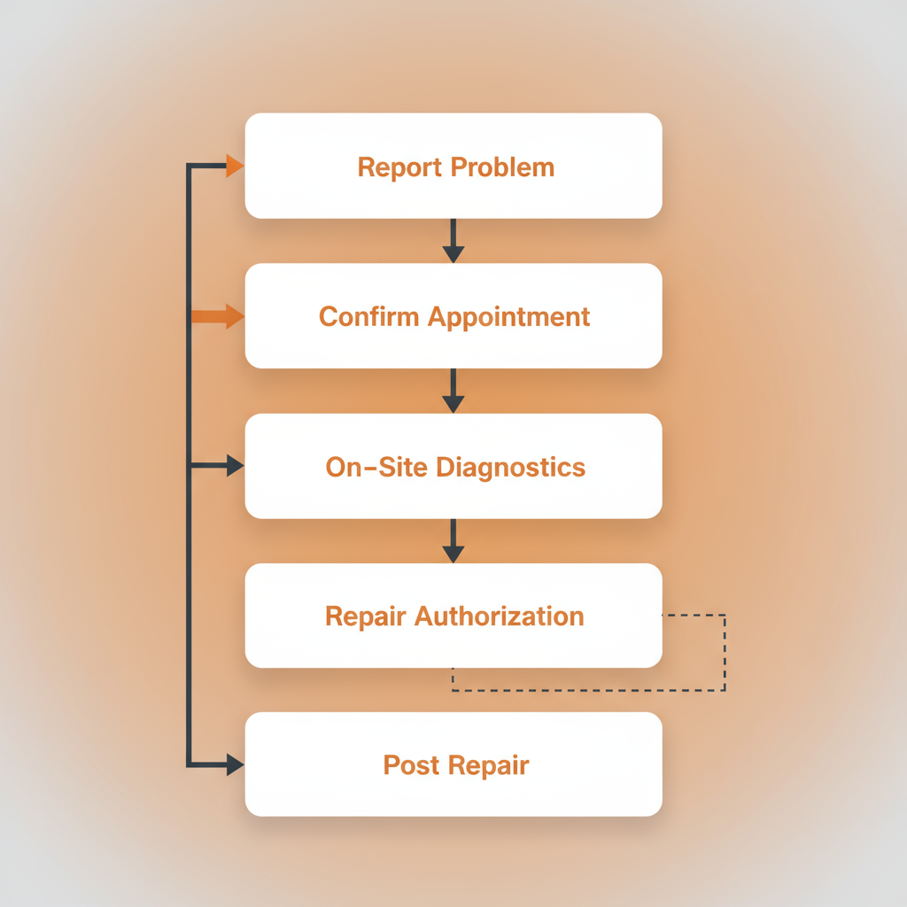 Vertical process flow illustrating the customer preparation and technician visit timeline for Wolf and Sub-Zero appliance repair in Palo Alto.