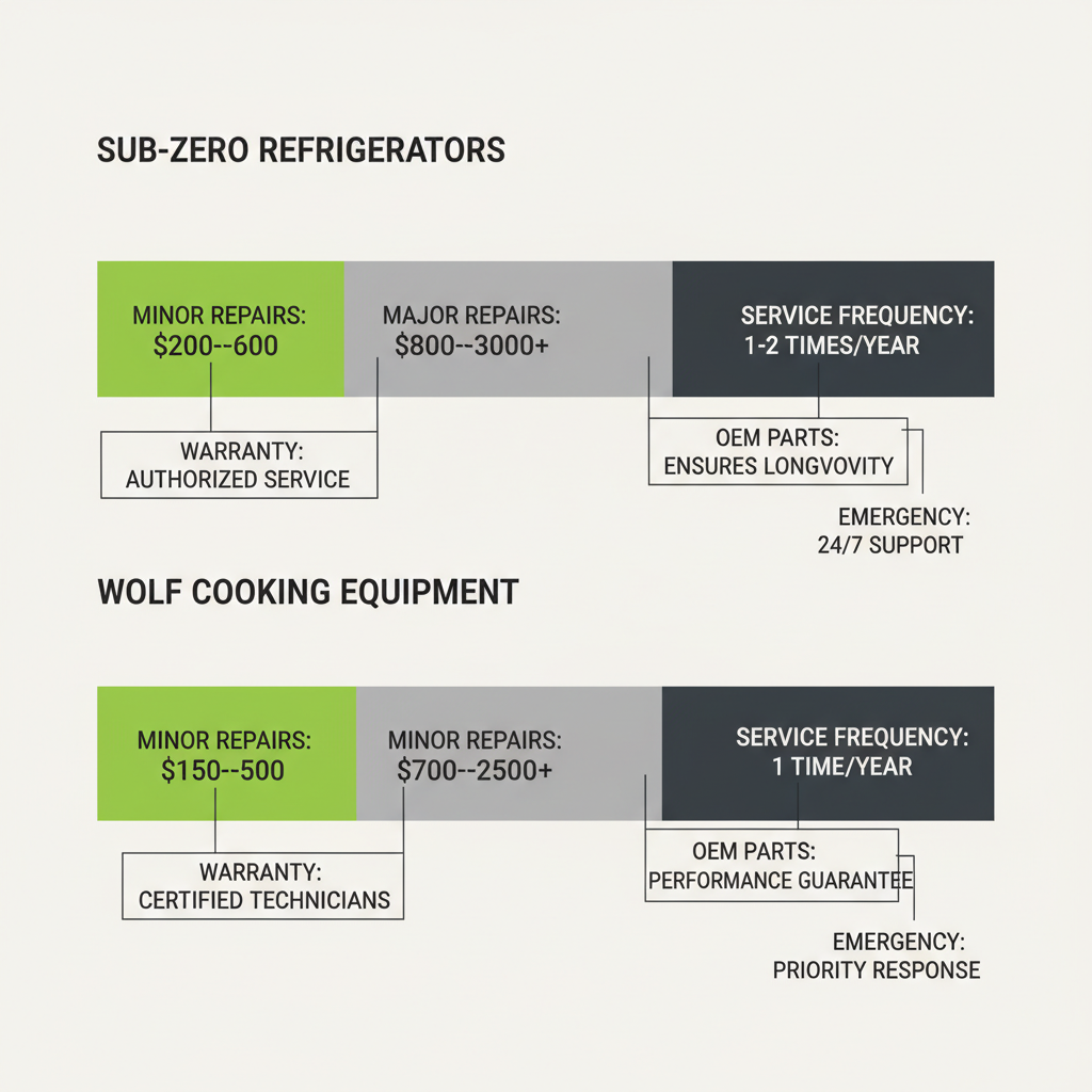 Infographic showing cost ranges for minor and major repairs and recommended service frequency for Sub-Zero refrigerators and Wolf cooking equipment, including notes on OEM parts and warranties.