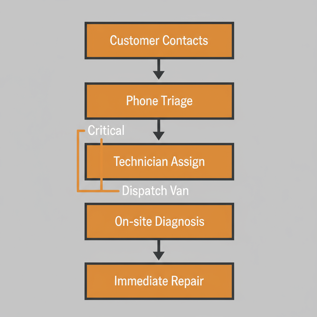 Process flow demonstrating the booking and dispatch system for Wolf and Sub-Zero appliance repair services in Los Angeles.