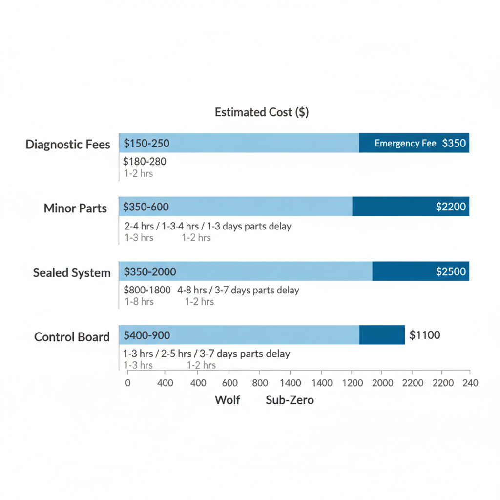 Landscape bar chart displaying average repair cost ranges for Wolf and Sub-Zero appliances in Los Angeles, including diagnostic fees, part replacements, and emergency charges.