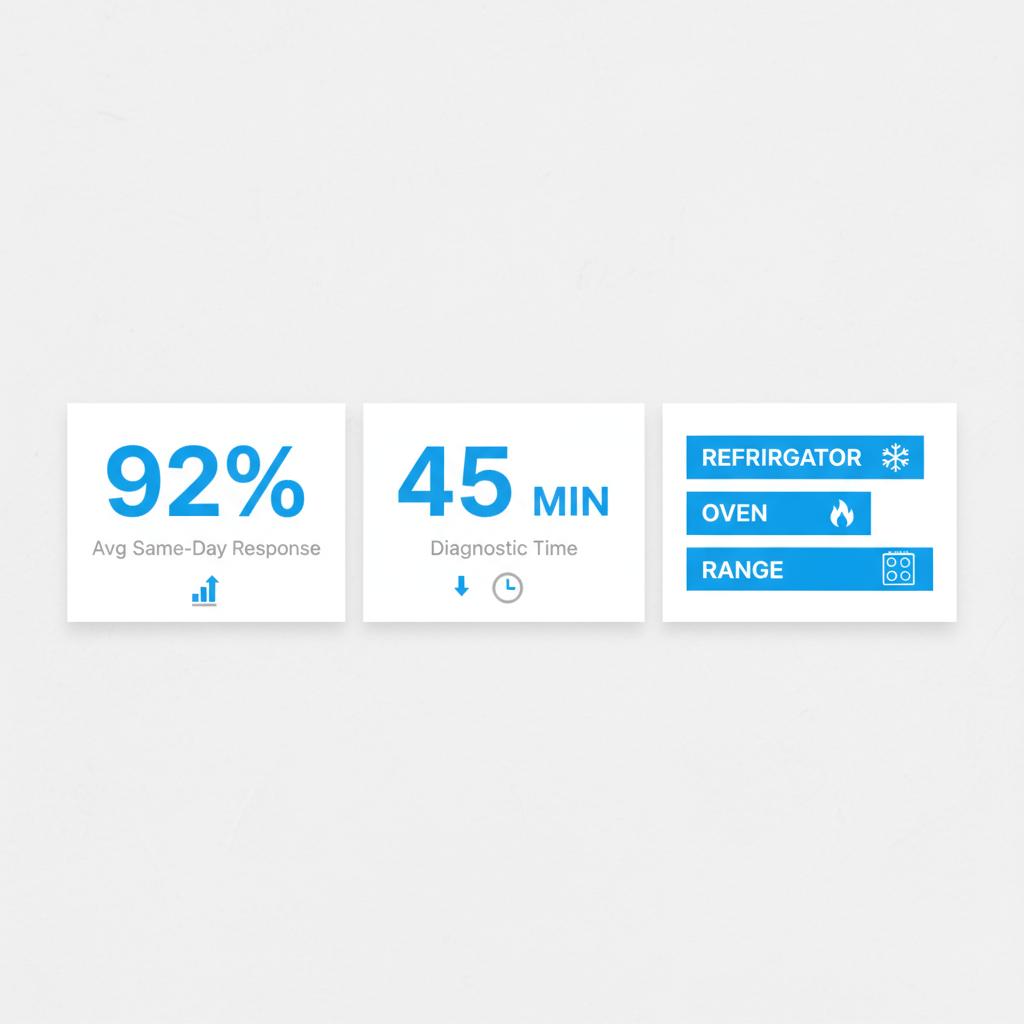 Infographic showing key service metrics for Irvine, including average response time and common repair types.