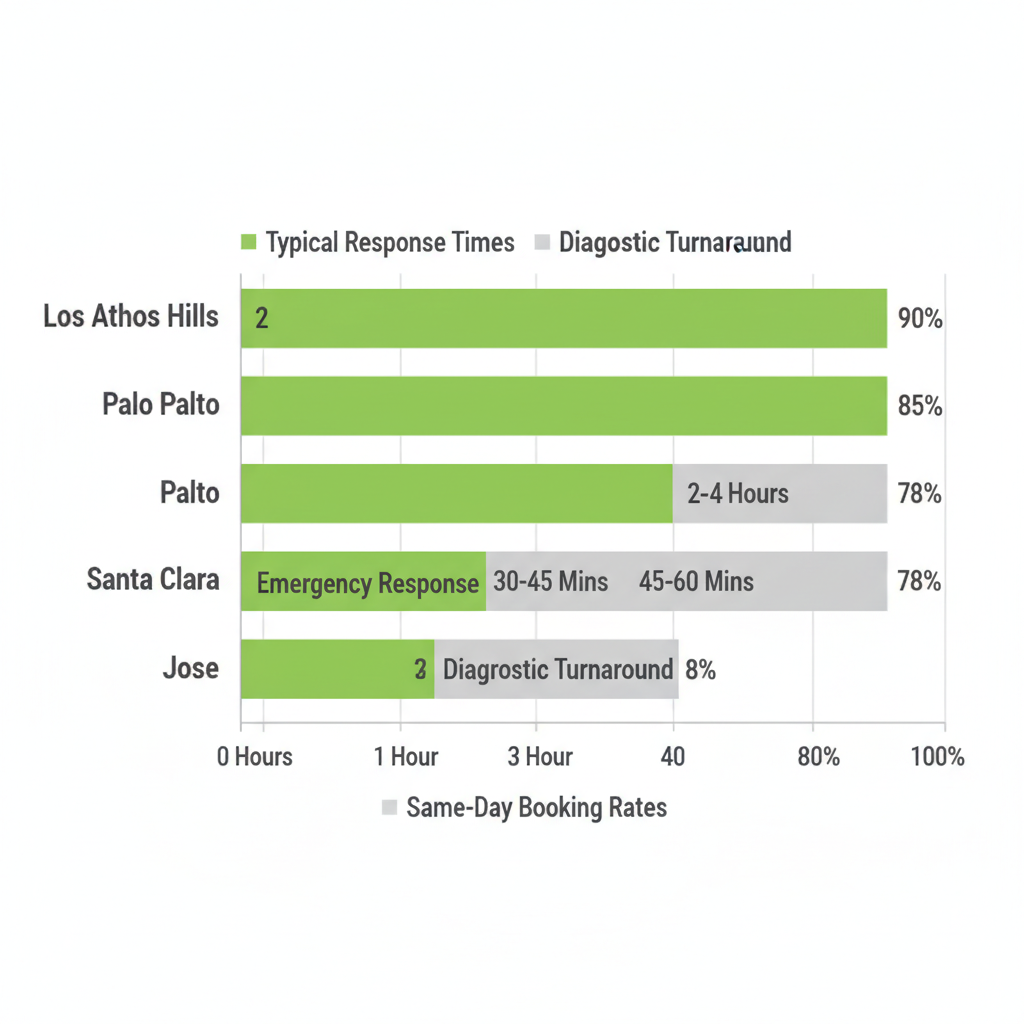 Bar chart illustrating emergency response times and diagnostic turnaround for Wolf and Sub-Zero appliance repair across various California cities.