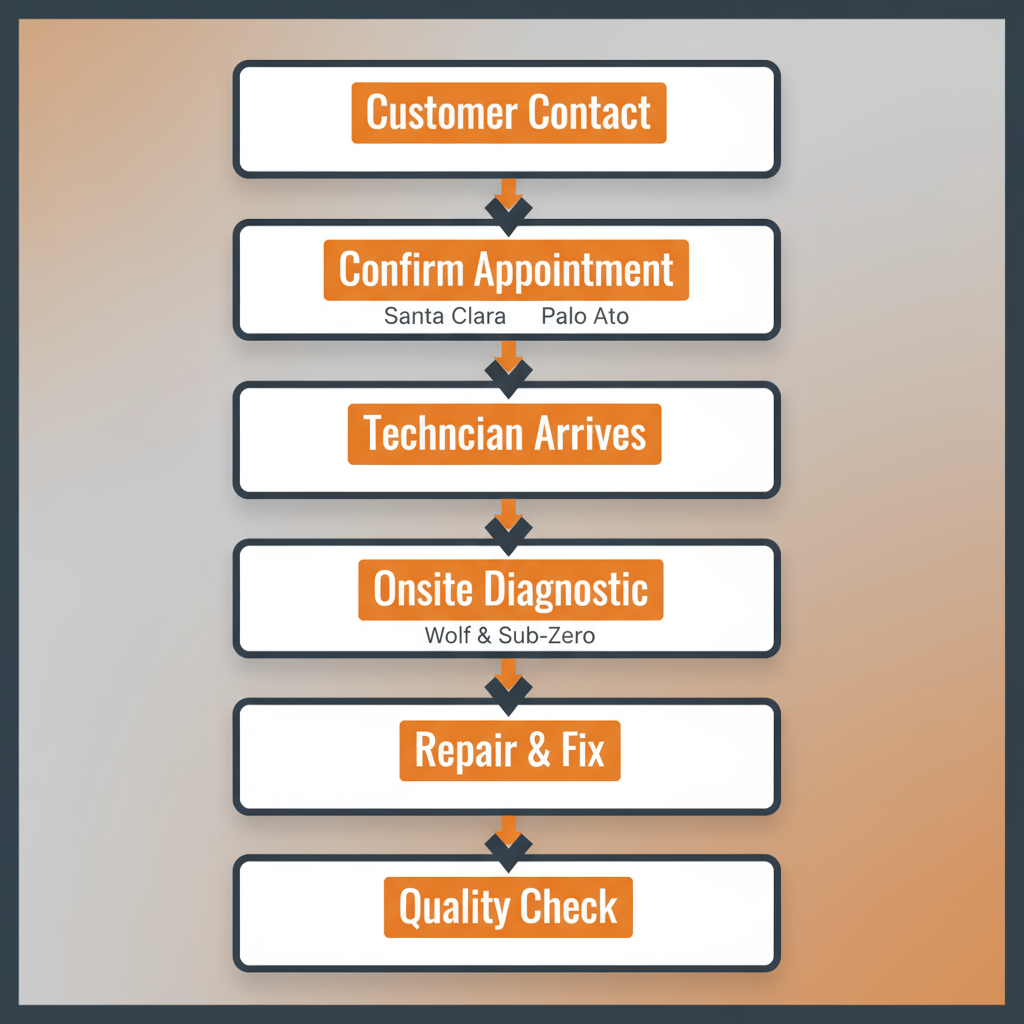 Vertical process flow showing six steps for scheduling and receiving appliance repair service, from customer contact to final quality check.