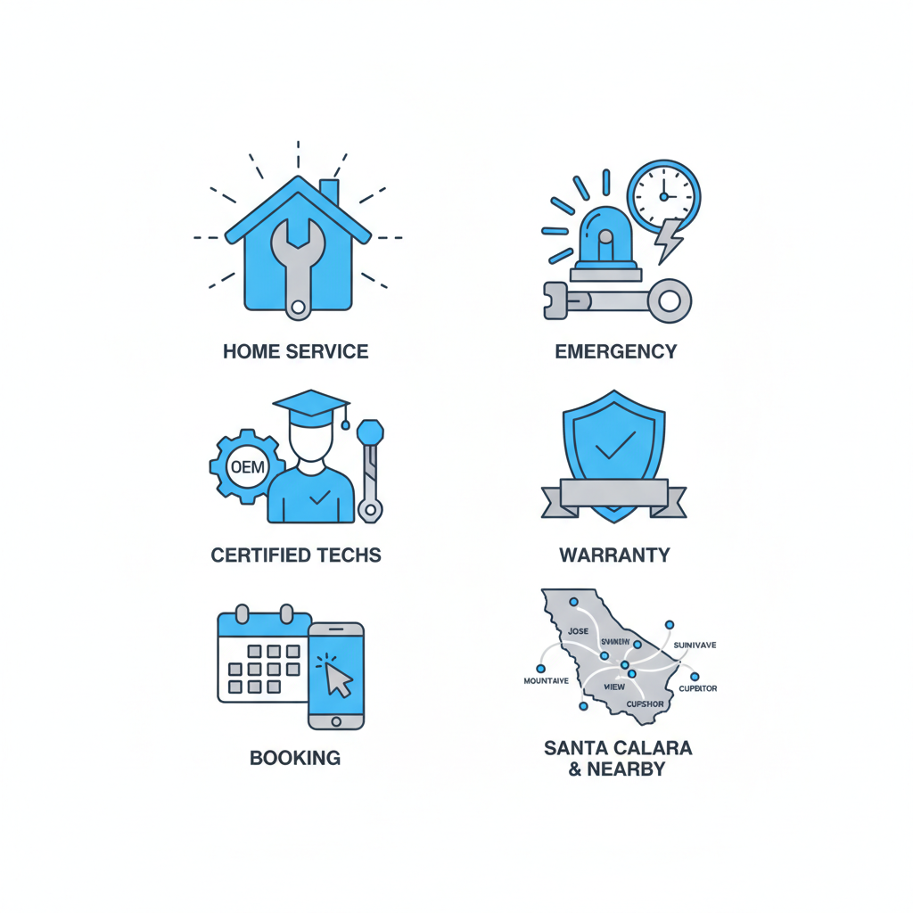 Icon set depicting home service, emergency response, OEM parts, certified technicians, warranty, and booking for premium appliance repair in Santa Clara