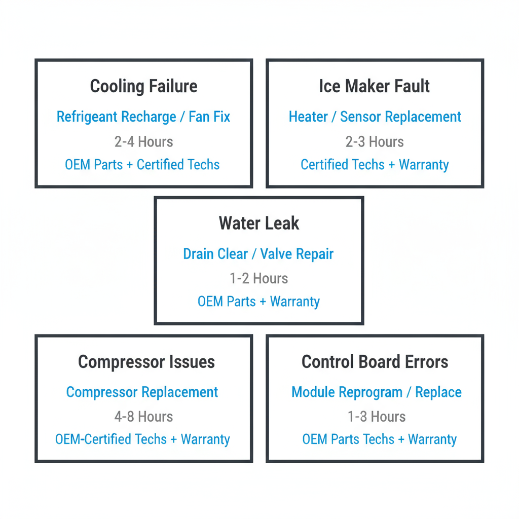 Infographic showing common Sub-Zero refrigerator problems and their fixes in San Mateo