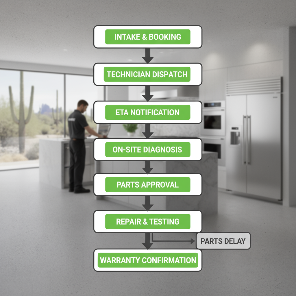 Vertical process flow illustrating the on-site service sequence for Wolf and Sub-Zero appliance repairs, showing steps from booking to warranty confirmation.