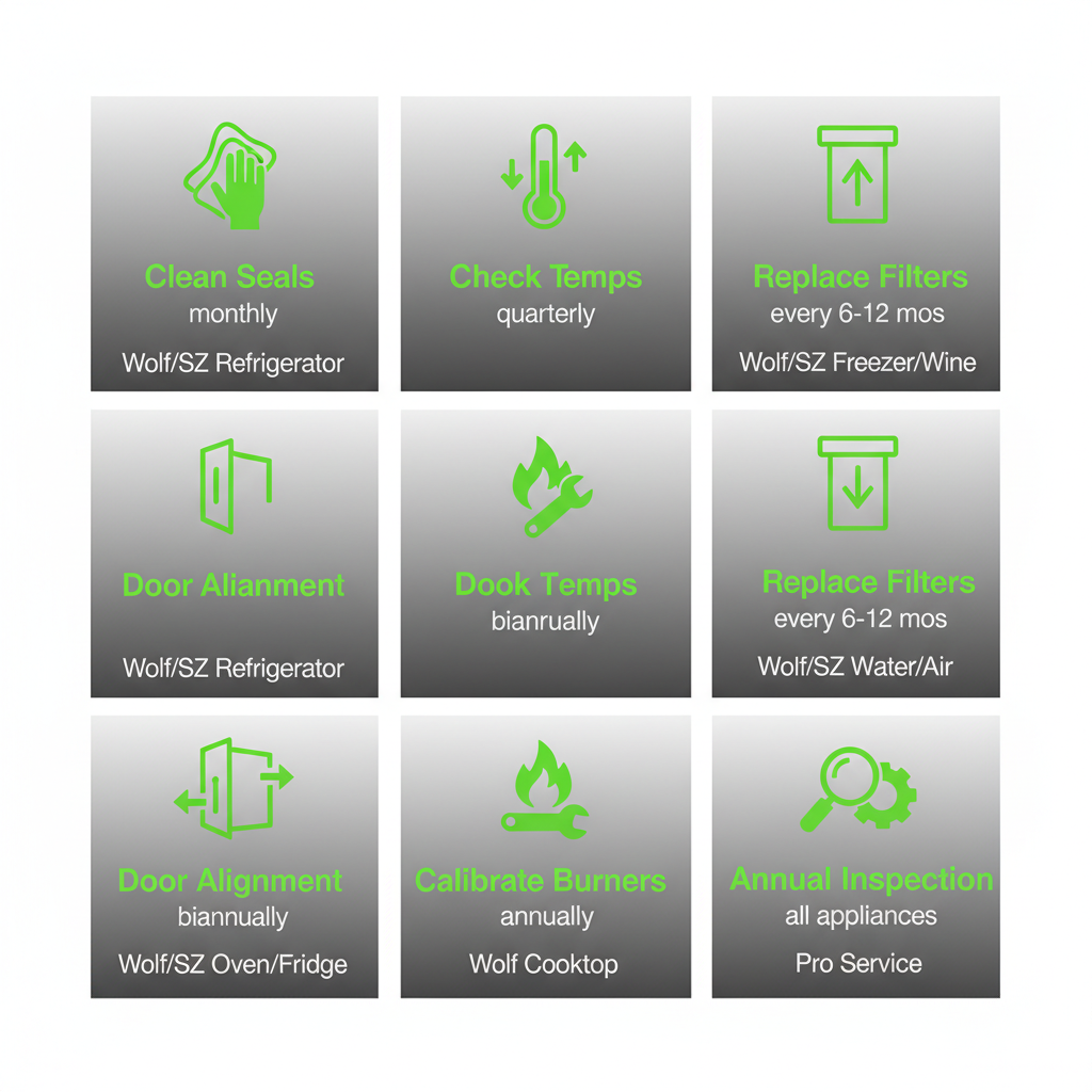 Infographic showing a checklist of preventive maintenance tasks for Wolf and Sub-Zero appliances