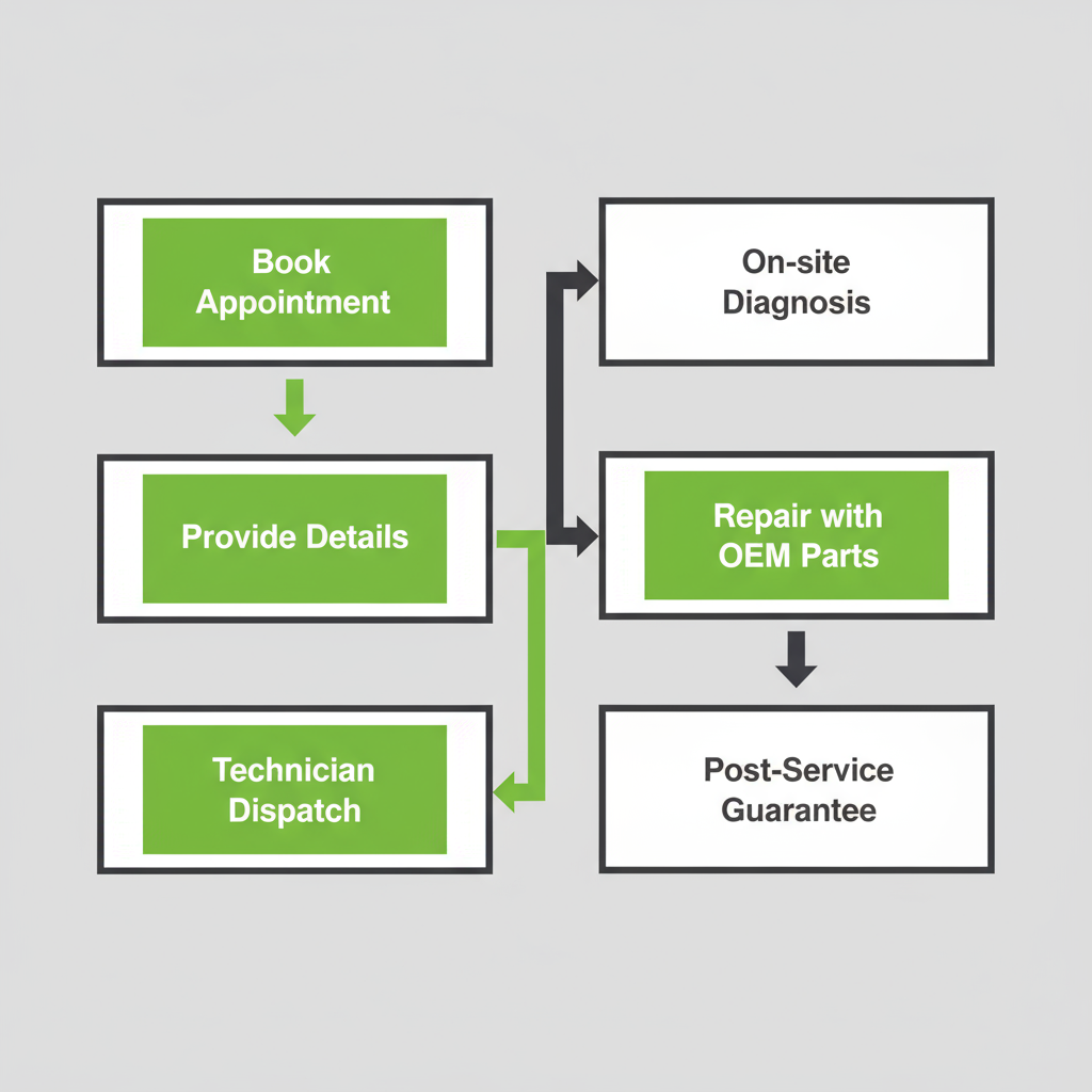 Vertical process flow depicting a six-step appliance repair service visit, from booking to post-service guarantee, for premium kitchen brands Wolf and Sub-Zero.