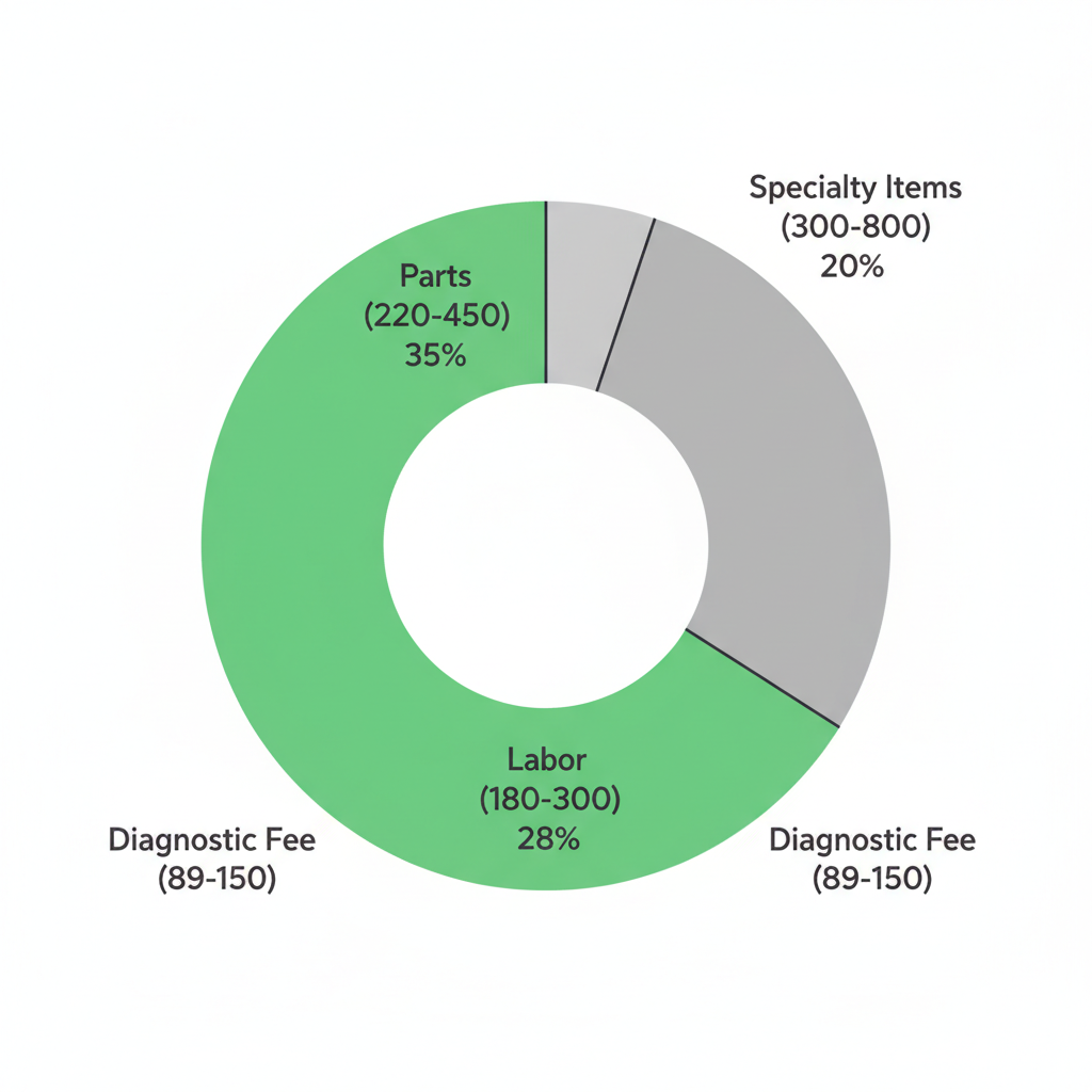 Donut chart showing typical cost breakdown for appliance repair in Phoenix, including diagnostic fee, labor, parts, and specialty items with example dollar ranges.