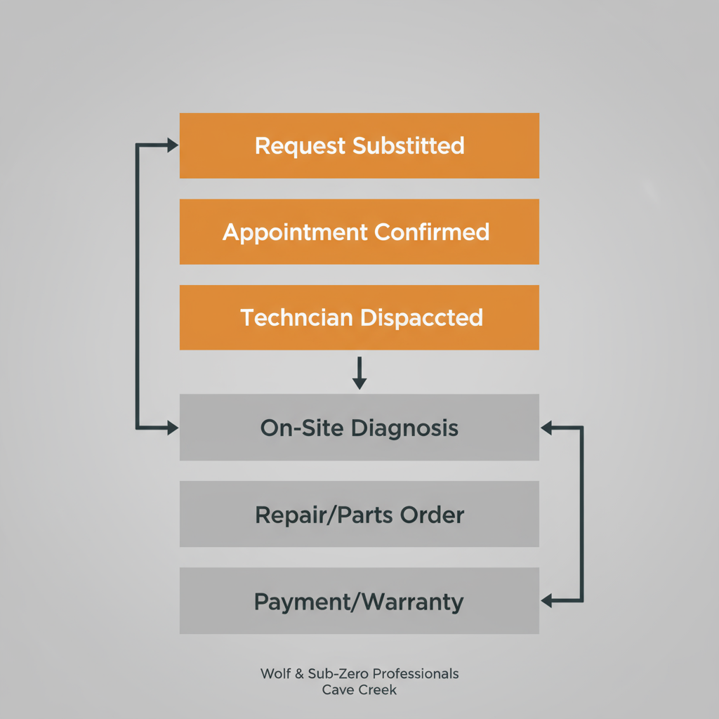 Vertical process flow illustrating the six-step Wolf and Sub-Zero appliance repair booking and service process in Cave Creek, covering request to completion.