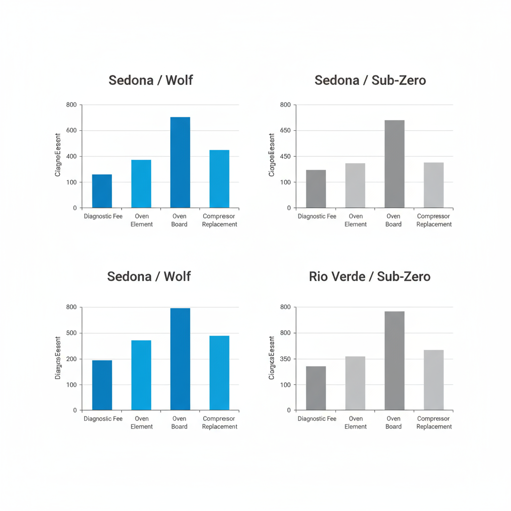 Bar chart comparing typical local price ranges for Wolf and Sub-Zero appliance repairs across different service types.