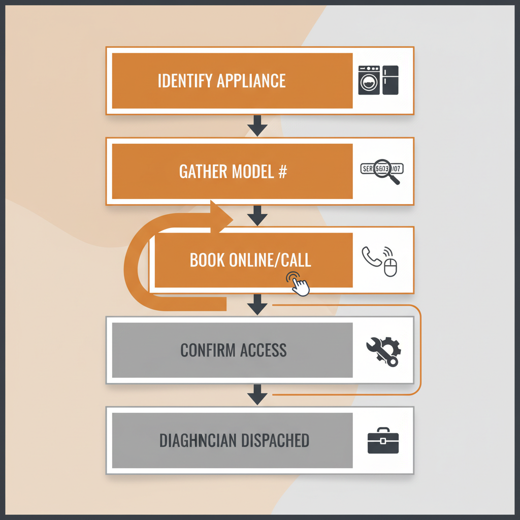 Process flow demonstrating the 6 steps for requesting appliance repair service in Fort McDowell, from identifying the appliance to on-site diagnosis and repair.