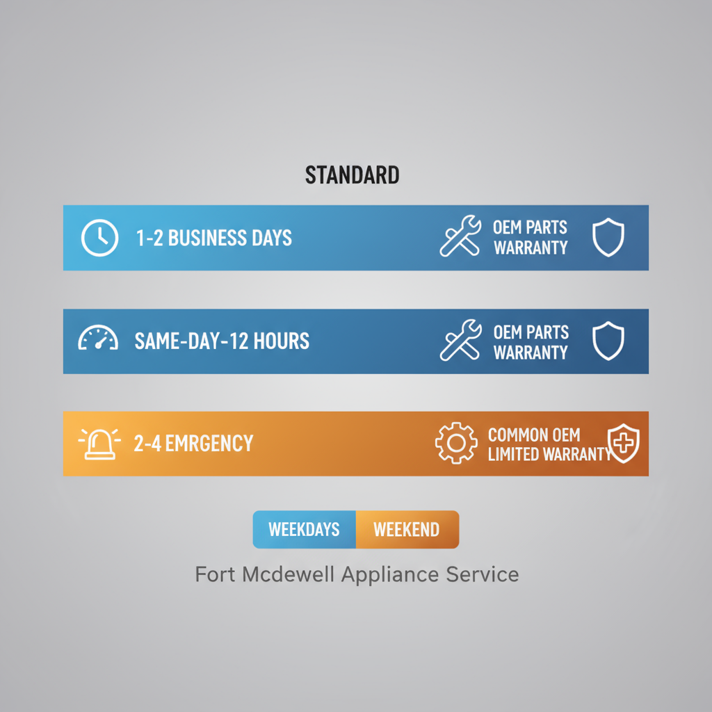 Data visualization depicting appliance repair response times and service hour coverage for Fort McDowell, including standard, same-day, and emergency options with OEM parts availability and warranty information.