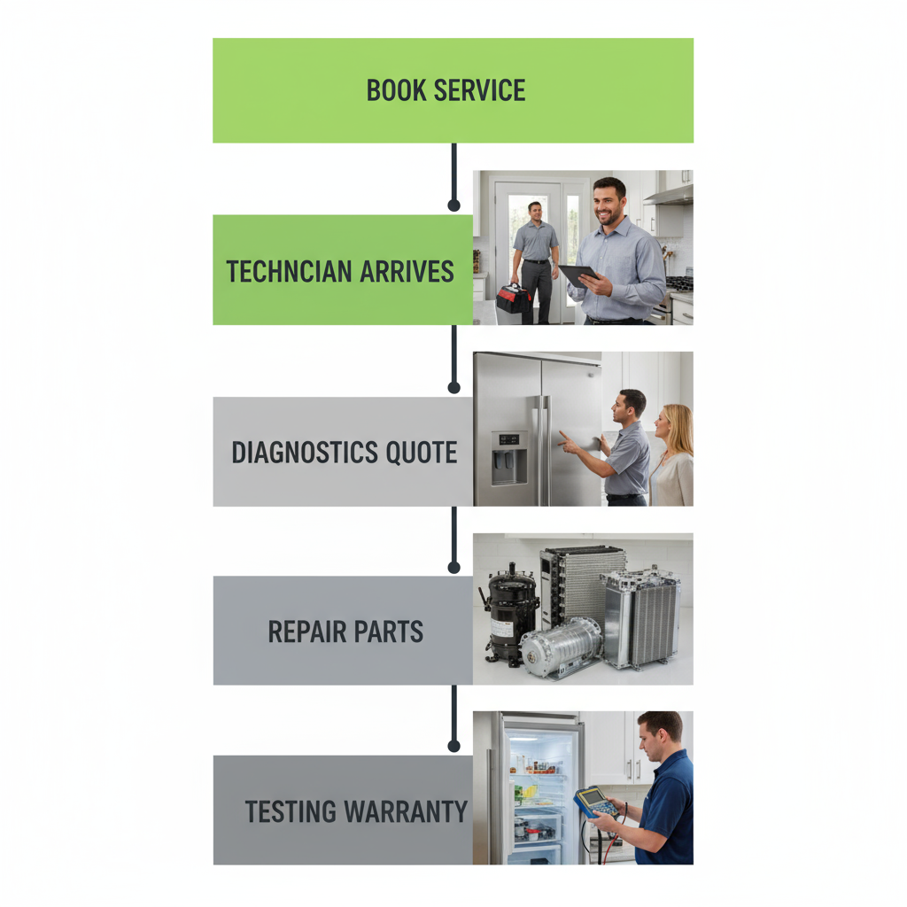 Step-by-step vertical process flow showing a Sub-Zero appliance repair service visit, from booking to warranty confirmation.