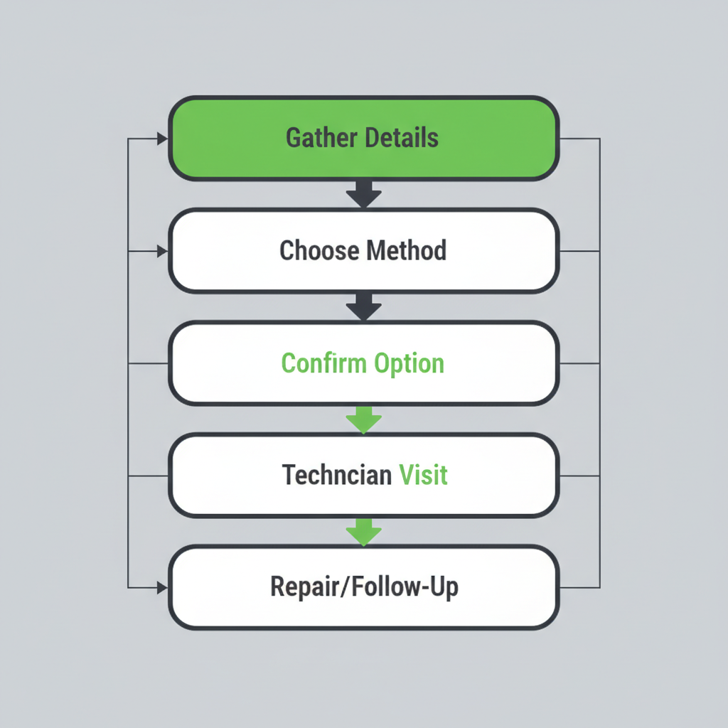 Vertical process flow illustrating 5 steps to schedule appliance repair service with Wolf and Sub Zero Professionals, from gathering details to repair completion.