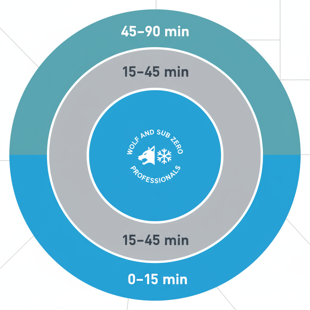 Data visualization showing concentric rings representing service response times: 0-15 minutes, 15-45 minutes, and 45-90 minutes, for appliance repair services.