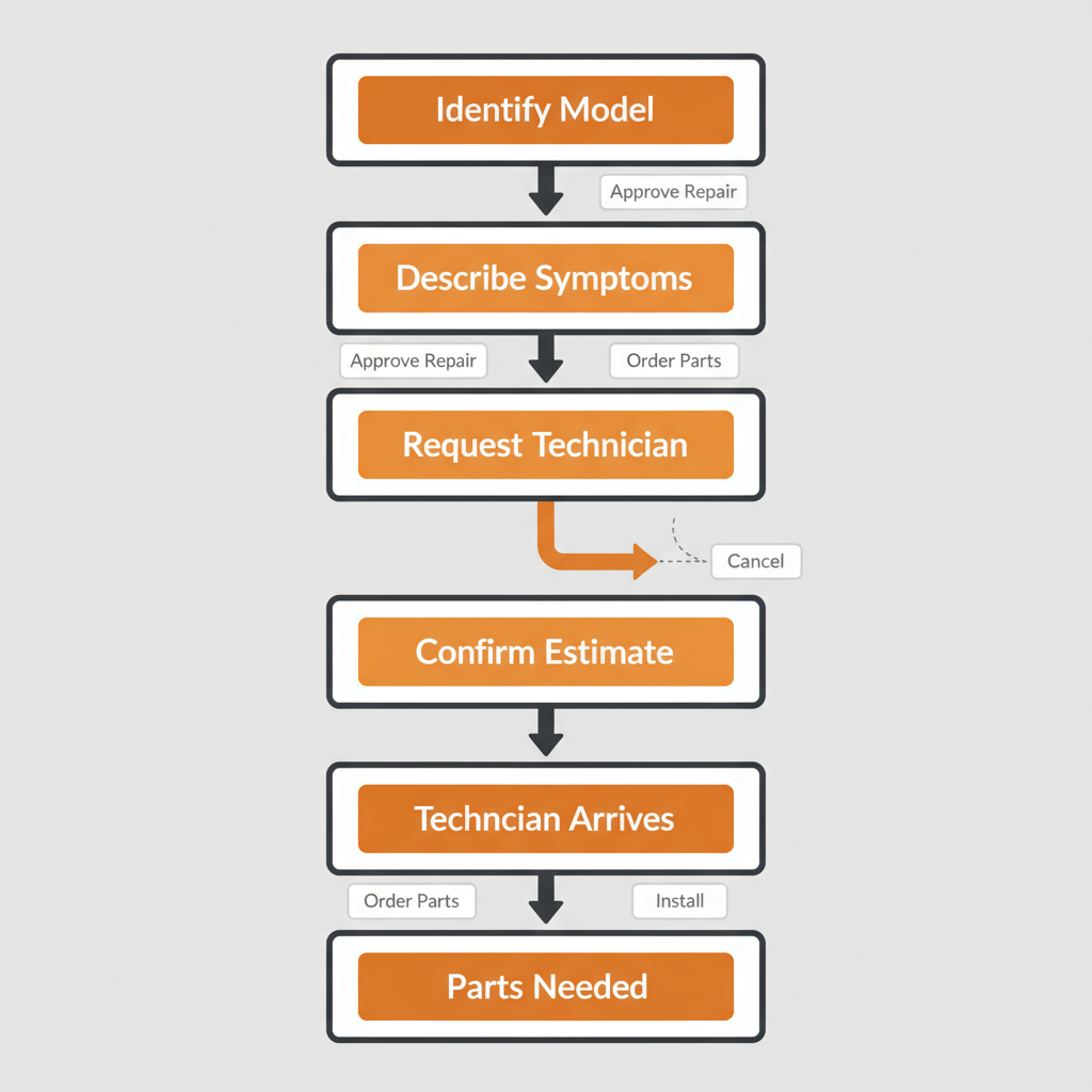 Vertical process flow showing steps for requesting and verifying appliance repair service, including identification, symptom description, technician request, estimate confirmation, and diagnostic arrival.
