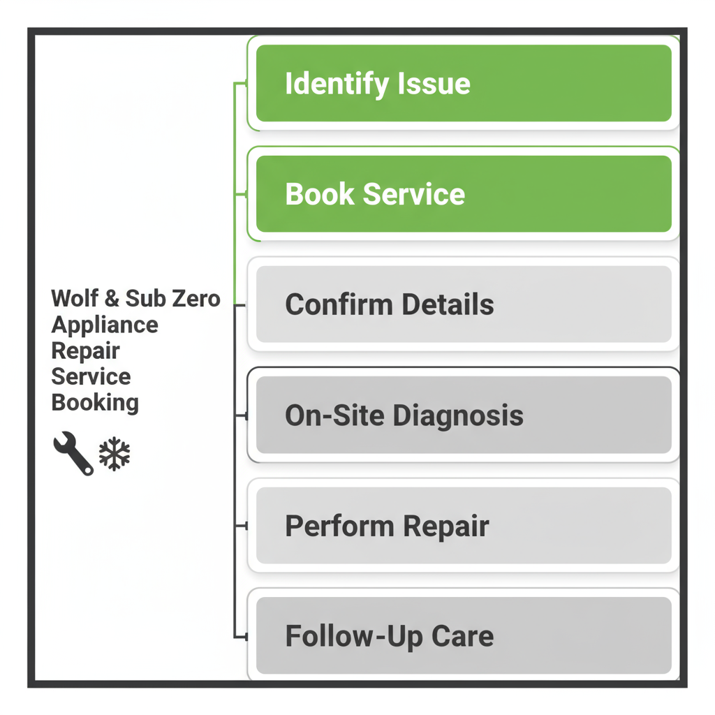 Vertical process flow illustrating the 6 steps of booking appliance repair service with Wolf and Sub Zero Professionals.