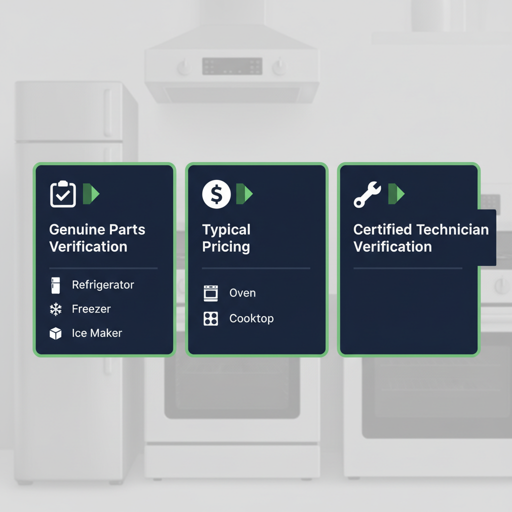 Infographic showing genuine parts verification, typical pricing, and certified technician steps for appliance repair in Key Biscayne.