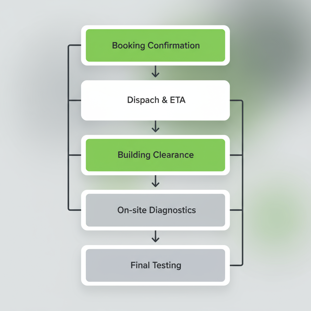 Vertical process flow illustrating the six steps of the technician arrival protocol for appliance repair on Fisher Island, from booking to final testing.
