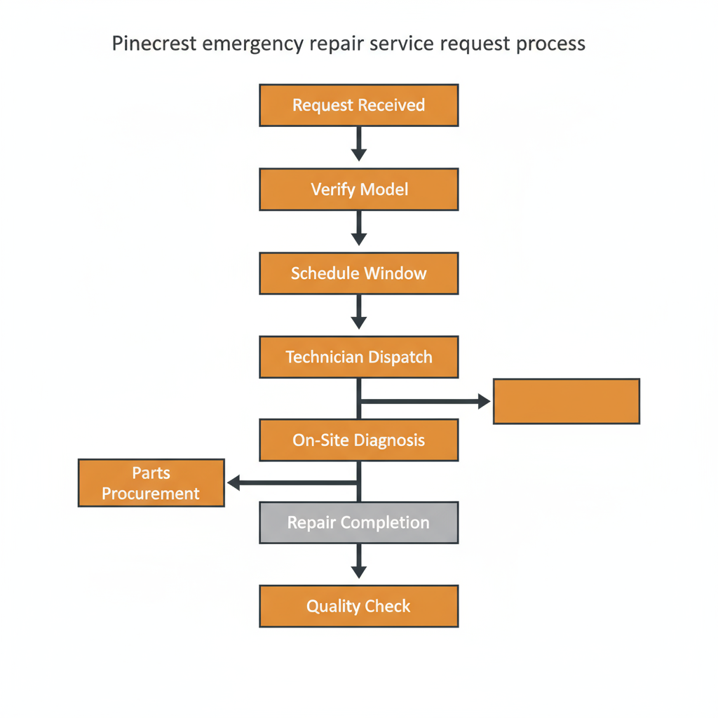 Vertical process flow illustrating the 8 steps of a repair service request in Pinecrest from booking to completion for Wolf and Sub-Zero appliances.