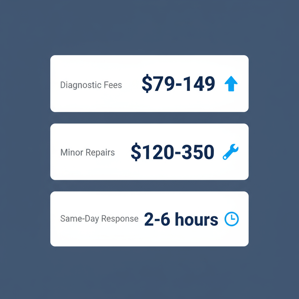 Infographic displaying typical diagnostic fees, repair price ranges, and same-day response times for appliance repair in Pinecrest.