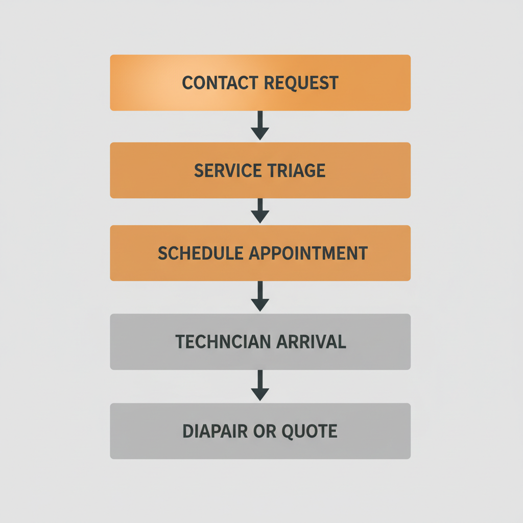 Vertical process flow illustrating the six steps to request and complete an appliance repair service from contact to resolution.