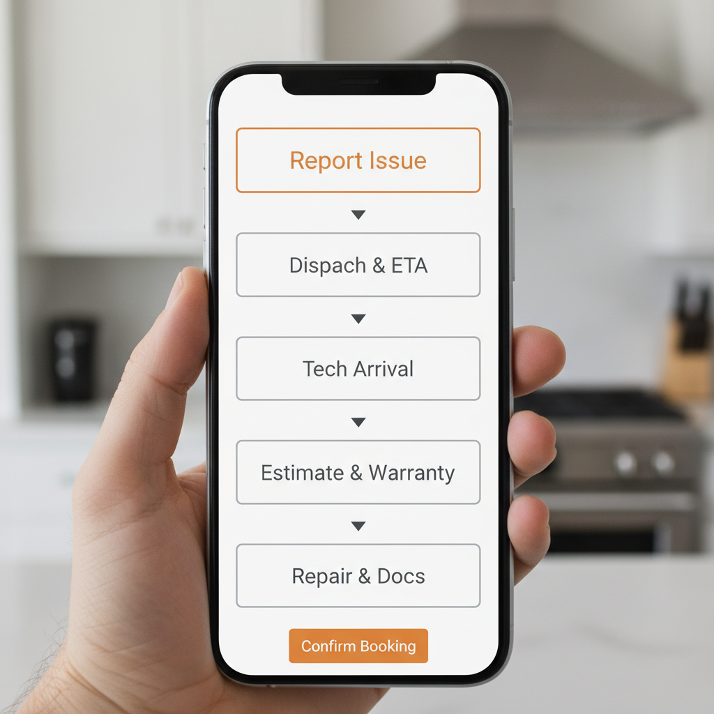 A vertical process flow diagram illustrating the five steps to book and complete an appliance repair service with Wolf and Sub Zero Professionals.