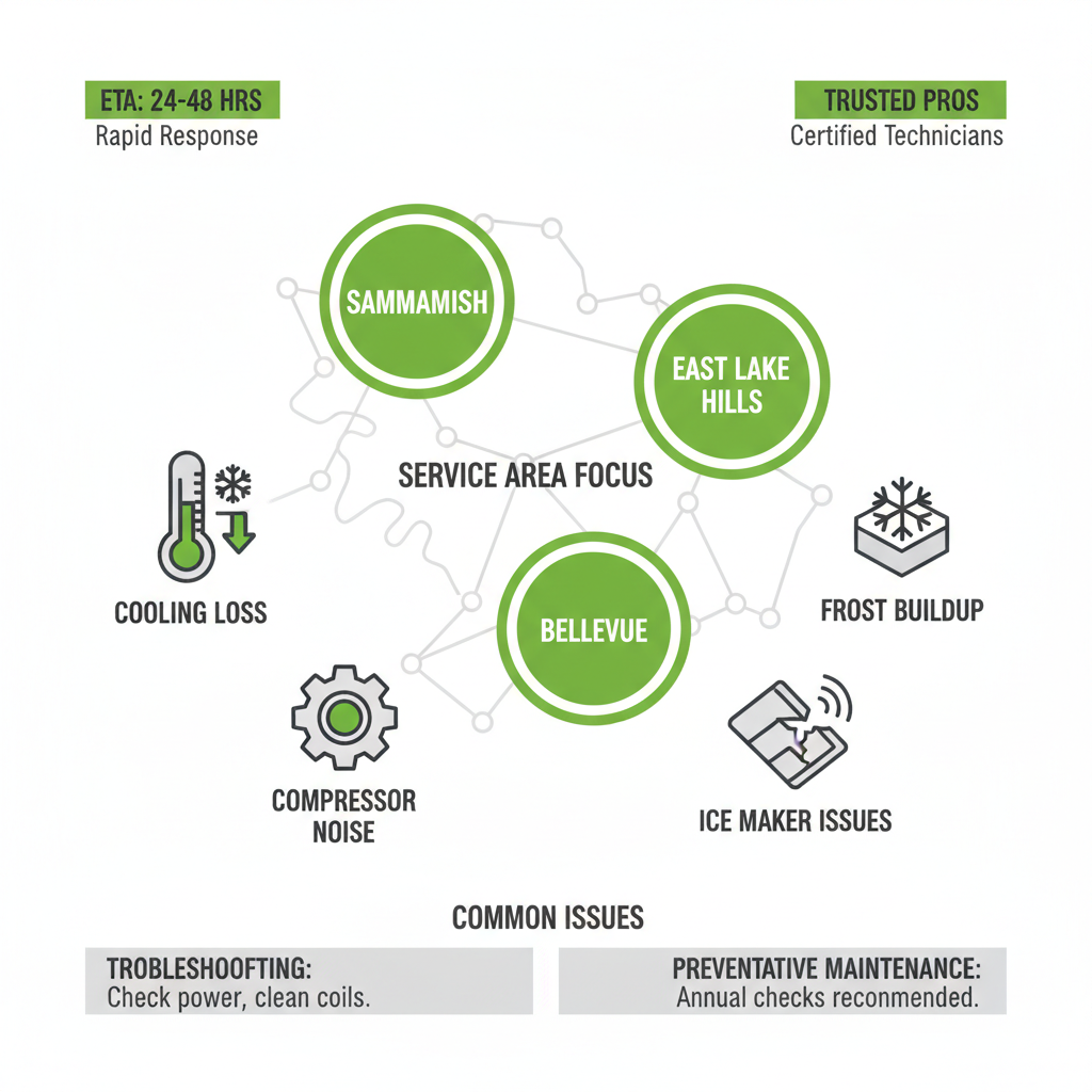Infographic detailing service areas Sammamish, East Lake Hills, Bellevue, and icons for typical Sub-Zero faults like cooling loss, frost buildup, ice maker issues, and compressor noise, with quick tips.