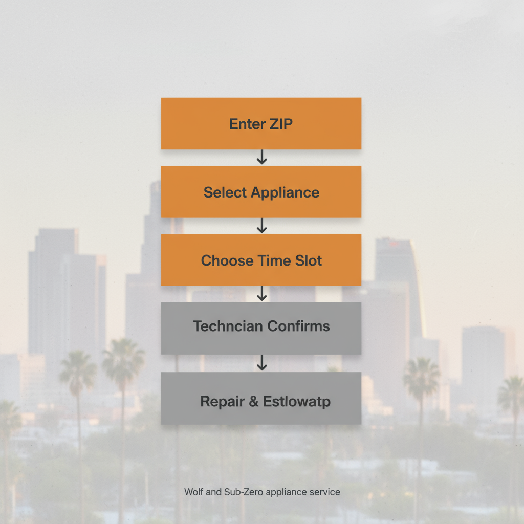 A step-by-step vertical process flow illustrating how to book an appliance repair service, from entering location to final repair and follow-up, for Wolf and Sub-Zero appliances in Los Angeles.