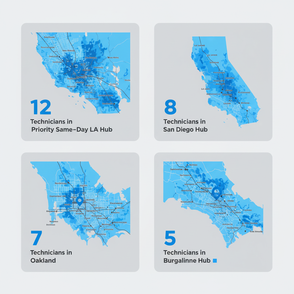 Data visualization showing Wolf and Sub Zero appliance repair service area coverage across Los Angeles, San Diego, Oakland, and Burlingame, highlighting technician density and priority ZIP codes.