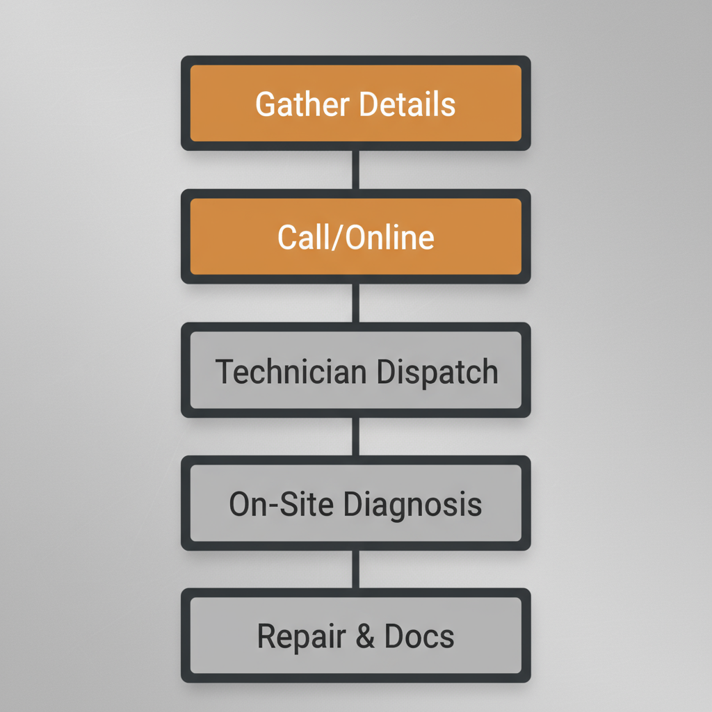 Five-step vertical process flow illustrating the booking, diagnosis, and repair stages for Sub-Zero appliances in Vail.