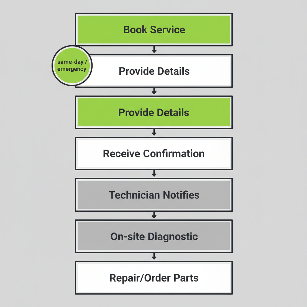 A vertical process flow illustrating the booking, confirmation, and arrival steps for Wolf and Sub-Zero appliance repair services.