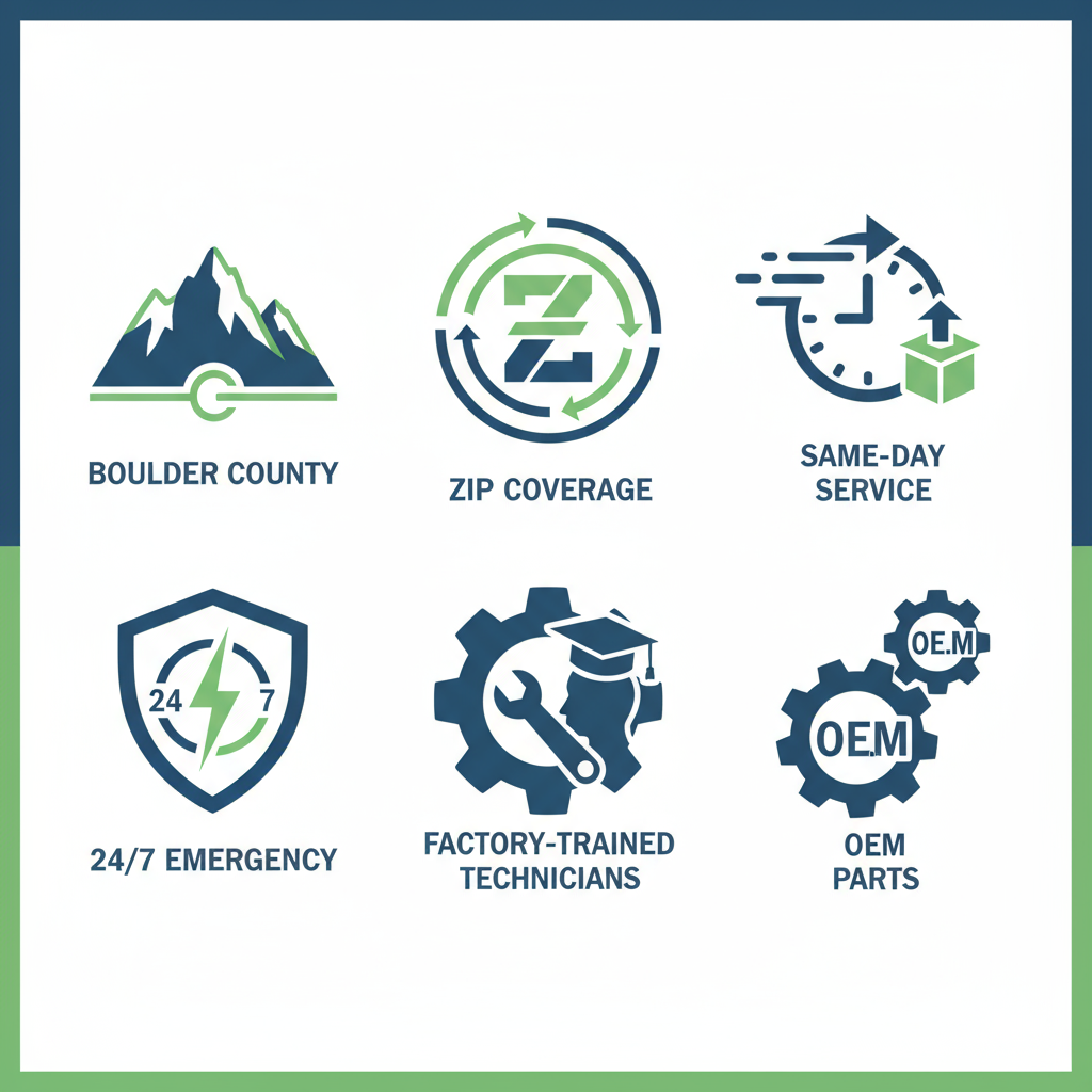 A set of six modern graphic icons representing service coverage: Boulder County, ZIP code, same-day service, 24/7 emergency, factory-trained technicians, and OEM parts.