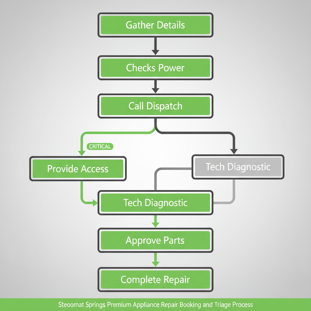 Vertical process flow illustrating the 7 steps for booking and triage of appliance repair for Wolf and Sub-Zero appliances in Steamboat Springs, including diagnostics and part approval.