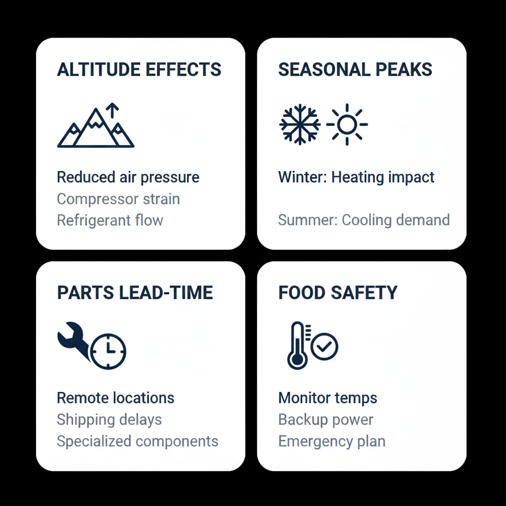 Infographic detailing specific service considerations for Wolf and Sub-Zero appliance repair in high-altitude regions, including altitude effects, seasonal response times, parts lead-time, and food safety.
