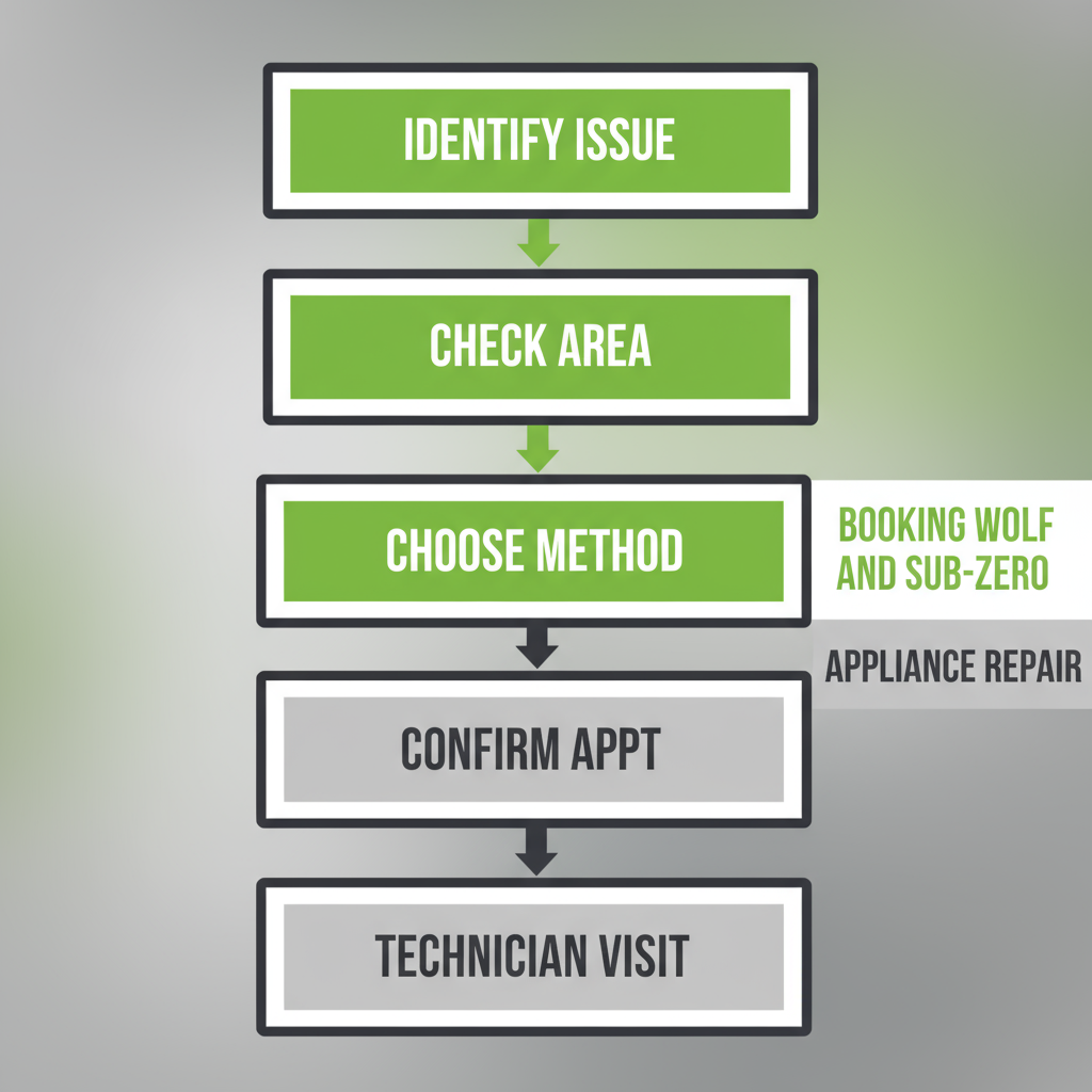 Vertical process flow illustrating 5 steps for booking an appliance repair, from identifying the issue to the technician's visit.