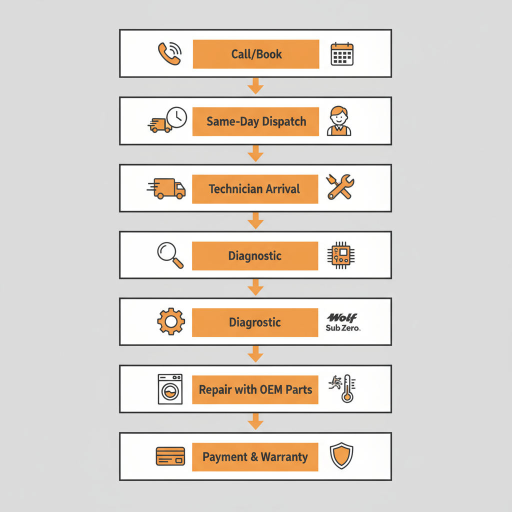 A vertical process flow illustrating the 7 steps of a Wolf and Sub-Zero appliance repair service call, from booking to warranty.