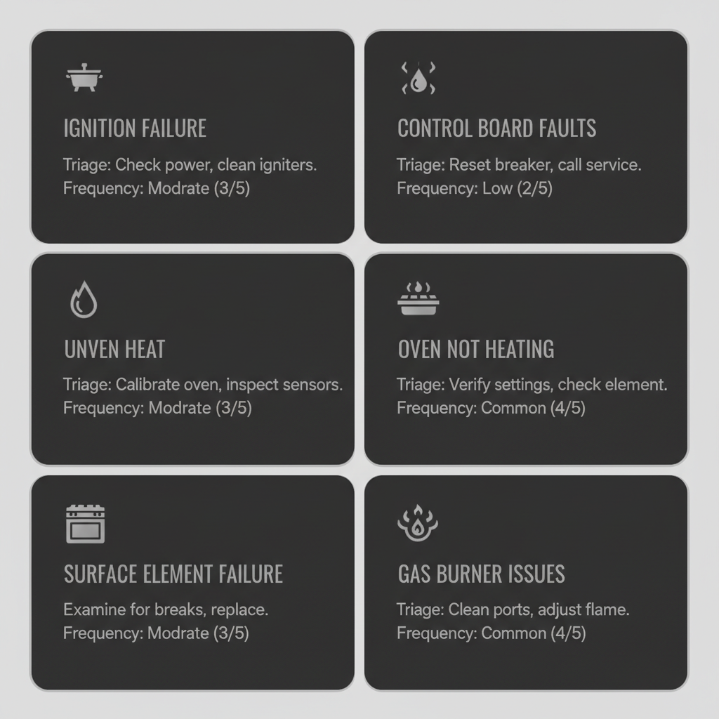 Infographic detailing 6 common Wolf stove problems with triage tips and frequency estimates