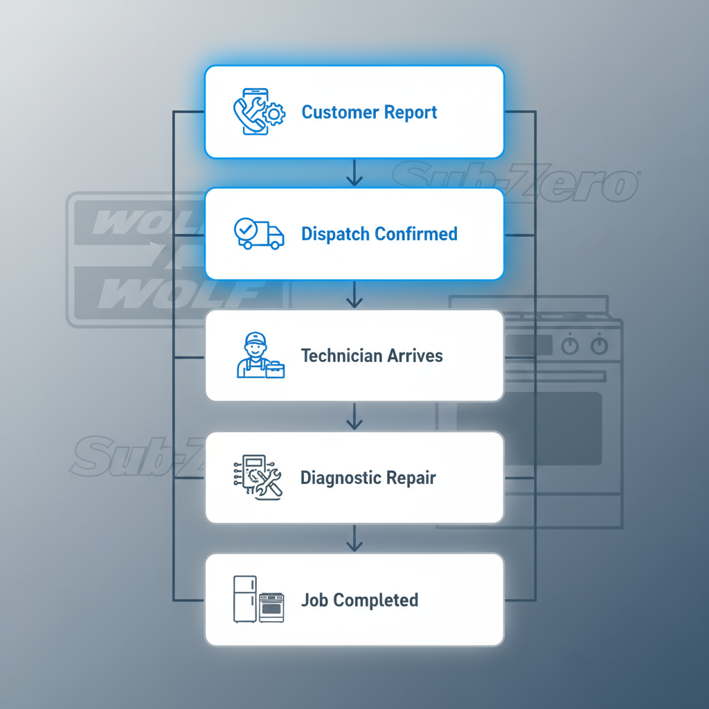 Vertical process flow illustrating the 6 stages of same-day Wolf and Sub-Zero appliance repair service from initial customer report to job completion.