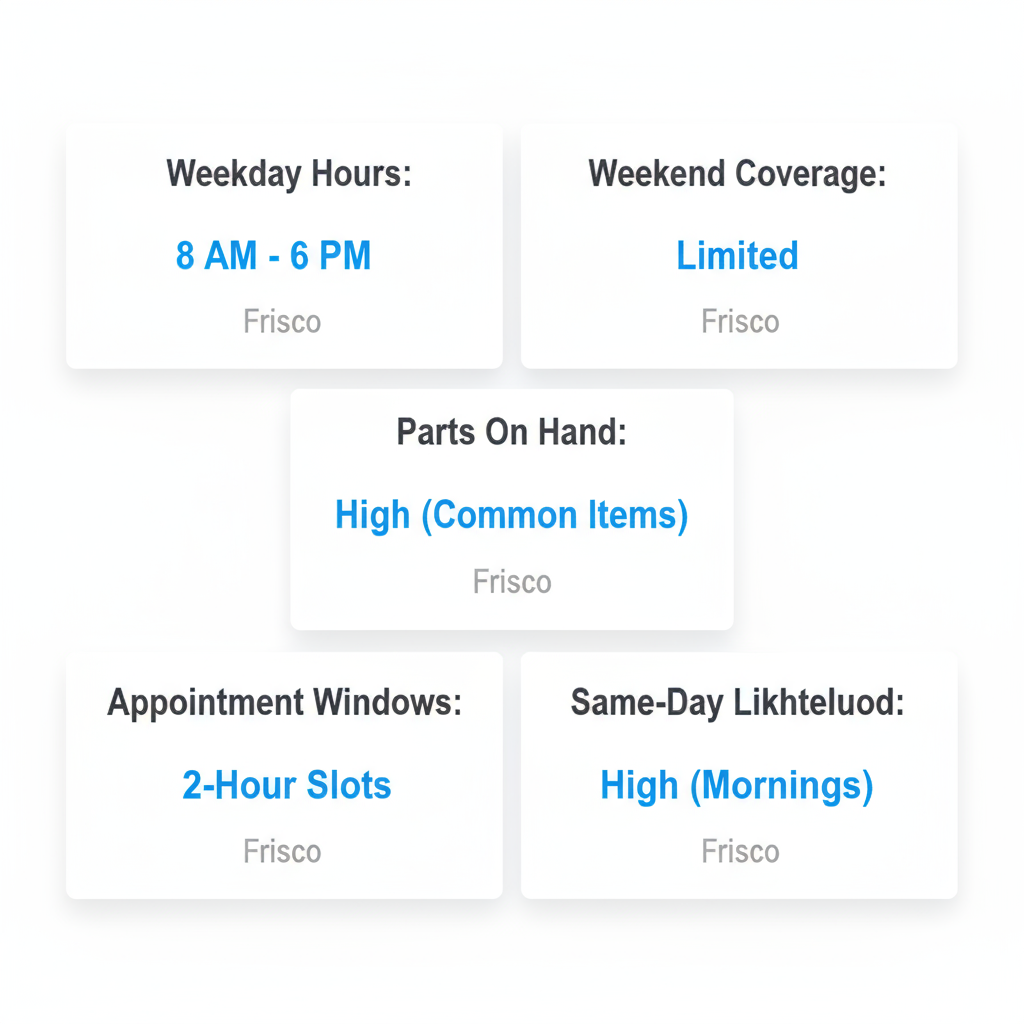 Frisco appliance service hours, availability, and same-day appointment likelihood.