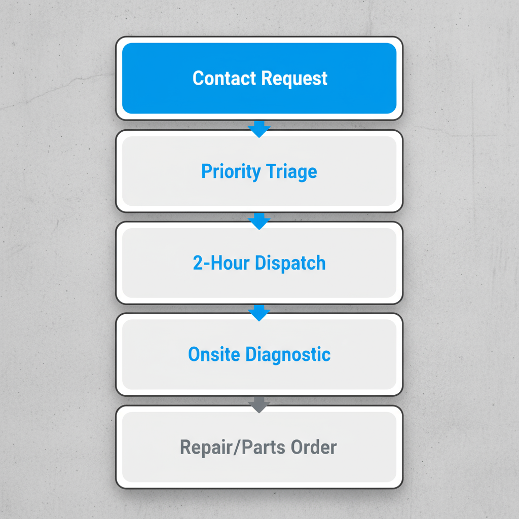 Vertical process flow illustrating the 5-step booking and dispatch process for same-day Sub-Zero repairs in Dallas