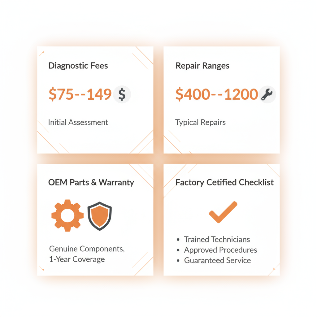 Infographic showing Dallas appliance repair costs and warranty information with diagnostic fees, repair ranges, OEM parts, and factory certification checklist.