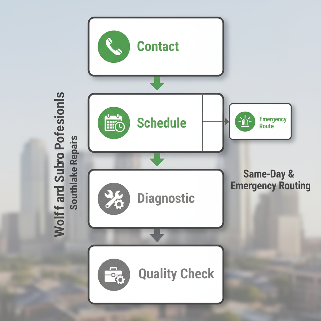 Vertical process flow showing the six steps of the Wolf and Sub Zero Professionals repair booking and dispatch process for Southlake, TX, from initial contact to quality check, with specific routing for urgent repairs.