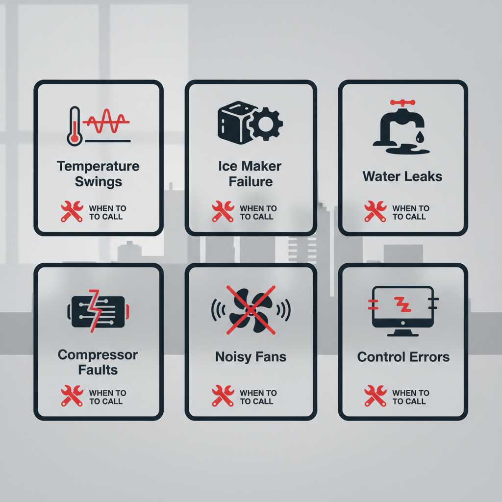 Infographic showing 6 common Sub-Zero refrigerator problems including temperature swings and ice maker failure, with troubleshooting tips.
